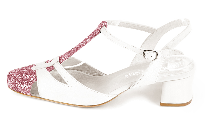 Carnation pink and off white women's open back T-strap shoes. Round toe. Low flare heels. Profile view - Florence KOOIJMAN